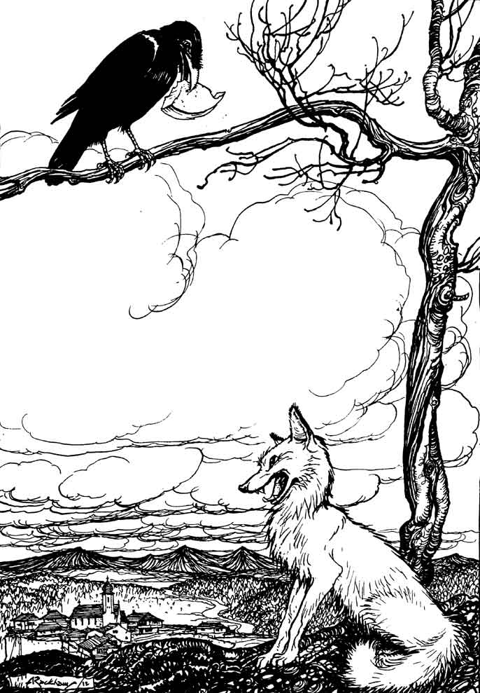 The Fox and the Crow — The Crow perches on a high bare branch with the cheese in her beak, while the Fox sits below with his jaws wide in flattery; a little town and hills lie far behind.
