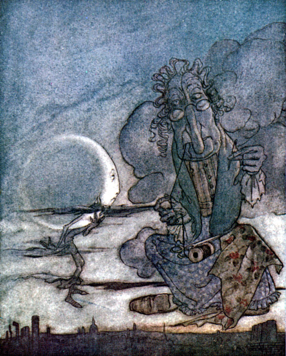 The Moon and Her Mother — Colour plate: the Mother, a huge old woman in spectacles with a reel of thread in her lap, sits among the clouds above a city skyline, measuring the thin crescent Moon with a tape.
