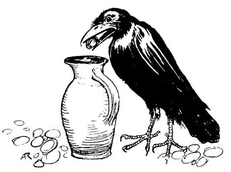 The Crow and the Pitcher — The Crow stands beside the Pitcher with a pebble in her beak and more pebbles scattered on the ground around it, ready to drop another in.