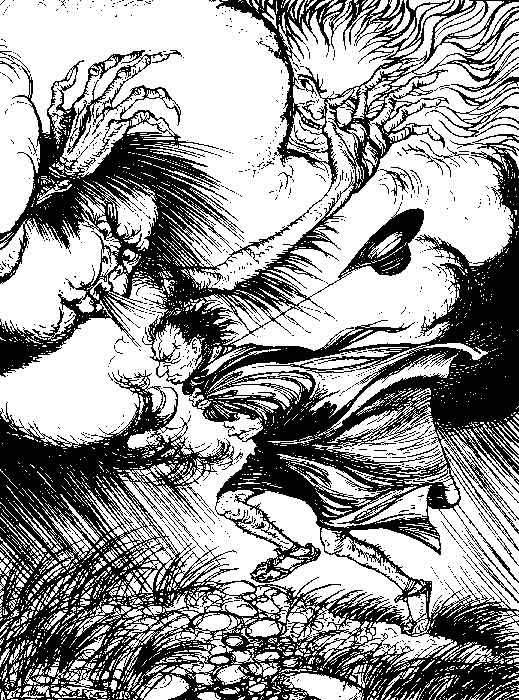 The North Wind and the Sun — A pen drawing of the North Wind, wild-haired and clawed, bursting from the storm clouds upon the traveller, whose hat flies off as he bends forward and clutches his billowing cloak.