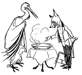 At the first dinner, the Fox in his tailcoat gestures towards a steaming flat dish of soup on a little table, while the Stork in a long gown looks on.