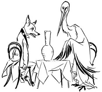 The Fox and the Stork — The return dinner: the Stork sits at her table beside a tall, narrow-necked vessel, while the Fox slumps in his chair opposite, hungry and unable to reach inside.