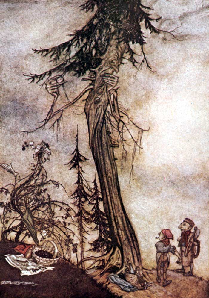 The Fir-Tree and the Bramble — Colour plate: the Fir-tree, drawn with a face and long twiggy hands, looms over the Bramble beside it, while two little woodmen, one carrying an axe, come walking up the path.