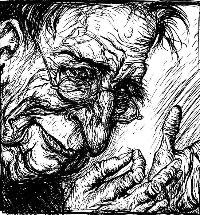 The Flea and the Man — A close-up in pen and ink of the Man, an old fellow in spectacles, squinting fiercely at the Flea pinched between his finger and thumb.