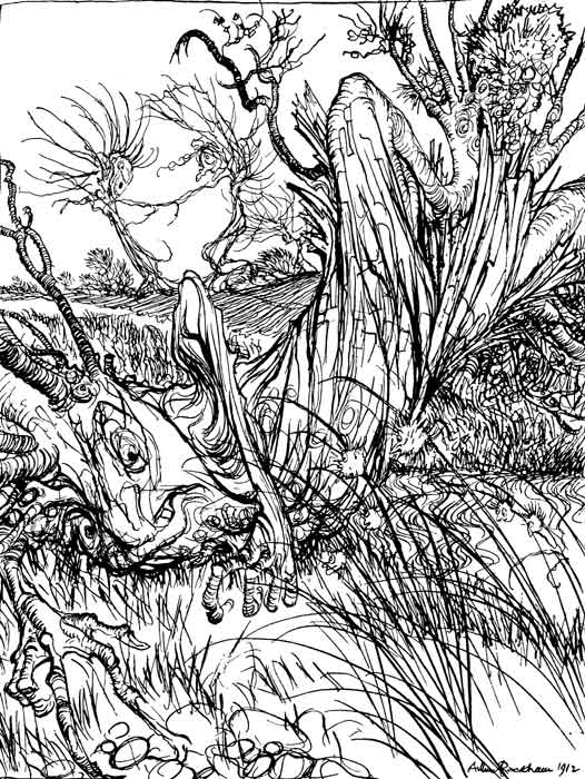 The Oak and the Reeds — The uprooted Oak, drawn with a gnarled face, lies fallen across the stream among tall grasses and Reeds, with bare twisted trees standing in the fields behind.