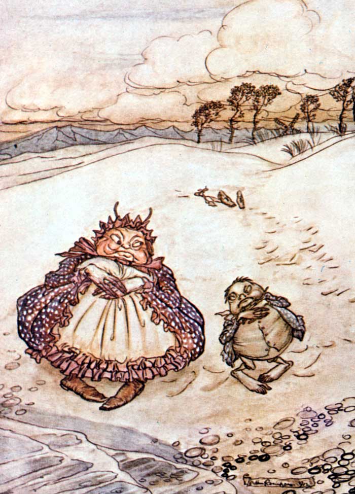 The Crab and His Mother — Colour plate: the Old Crab, drawn as a stout woman in a spotted shawl and frilled apron, walks sideways across the sand, her small son trying to copy her.