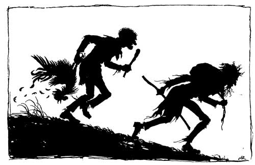 The Thieves and the Cock — A silhouette of the two ragged Thieves running uphill with sticks in their hands, one carrying the Cock upside down by the legs as its feathers fly.