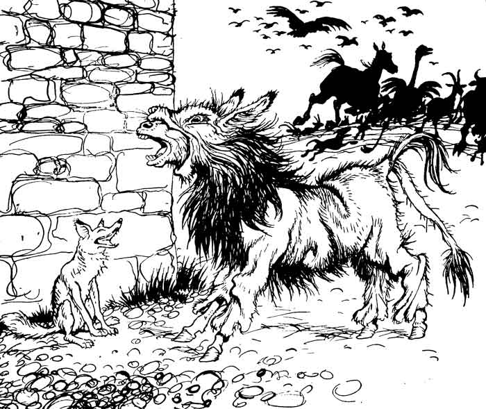 The Ass in the Lion's Skin — The Ass, draped in the Lion's Skin, brays beside a stone wall while the Fox sits looking up at him, and beasts and birds flee in silhouette behind.