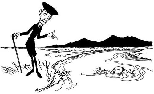 The Boy Bathing — A pen drawing of the passer-by, a thin man in a cap leaning on his stick at the riverbank, wagging a finger at the Boy, whose head and hands just show above the water.