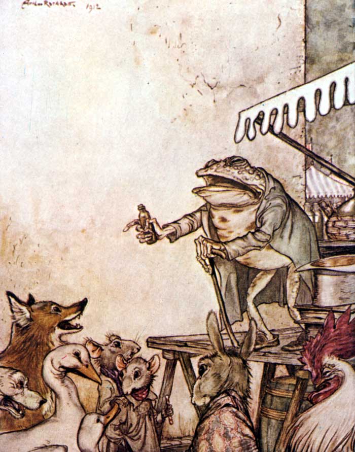 The Quack Frog — Colour plate: the Frog, in a long coat, stands on a trestle stage under an awning, holding up a bottle of medicine to the Fox, geese, mice, a hare, a dog and a cock.