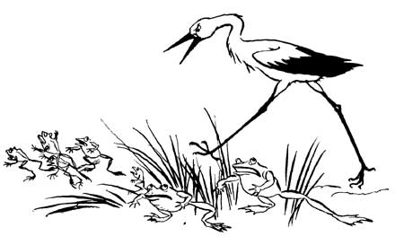 The Frogs Asking for a King — The Stork strides through the reeds with his beak open, while the Frogs scatter and leap away from him in every direction.