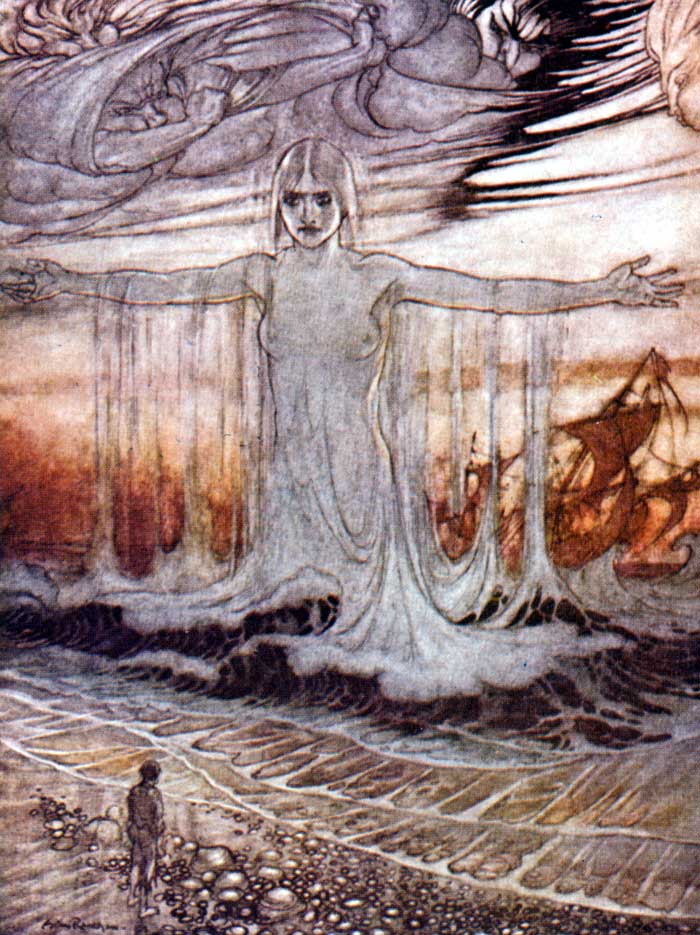 The Shipwrecked Man and the Sea — Colour plate: the Sea rises from the breaking waves as a tall pale woman with arms spread wide, a ship foundering in the surf behind her and the sailor small on the pebbles below.