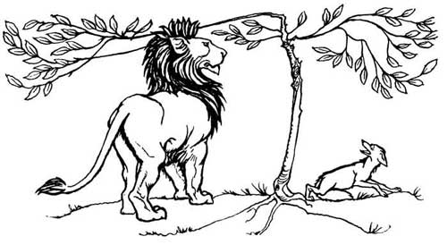 The Fox and the Lion — A pen drawing of the Lion standing grandly beneath a leafy young tree, while the Fox, at their first meeting, crouches flat on the ground and stares up at him in terror.