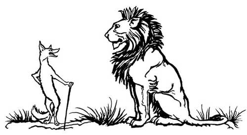 The Fox and the Lion — By their third meeting the Fox stands upright, leaning on a walking stick and chatting to the seated Lion as if he had known him all his life.