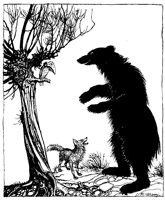 The Bear and the Fox — The Bear, drawn in solid black, stands on his hind legs beside a gnarled pollard tree, while the Fox below looks up at him grinning and a bird watches from a branch.