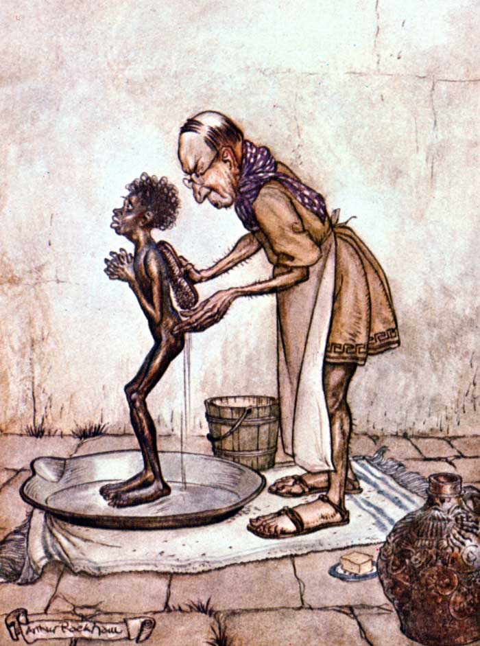The Blackamoor — Colour plate: the Man, bald and bespectacled in an apron, scrubs his new slave with a brush as the thin boy stands shivering in a shallow basin, a bucket and soap beside them.