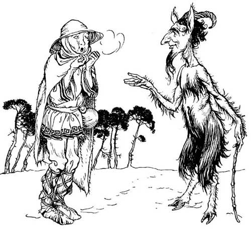 A pen drawing of the Man in a broad hat and cloak blowing on his cold hands, while the Satyr, horned and goat-legged, holds out a hand towards him and asks why.