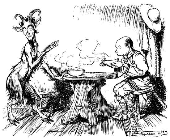 The Man and the Satyr — At supper the Man blows on his steaming bowl of porridge, while the Satyr, rising from the table, draws back from him with one hand raised.