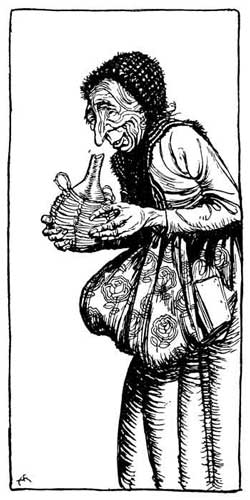The Old Woman and the Wine-Jar — A narrow pen drawing of the Old Woman, a big bag hanging at her side, holding the empty wicker-bound Wine-jar to her nose and smiling at the smell.