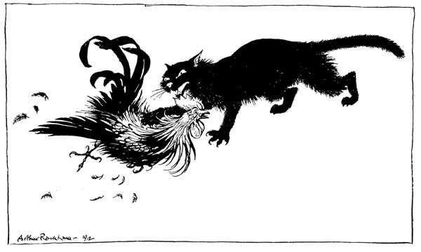The Cat and the Cock — A black Cat pounces on the Cock and seizes him by the neck, the Cock flailing on his back as his feathers scatter across the ground.