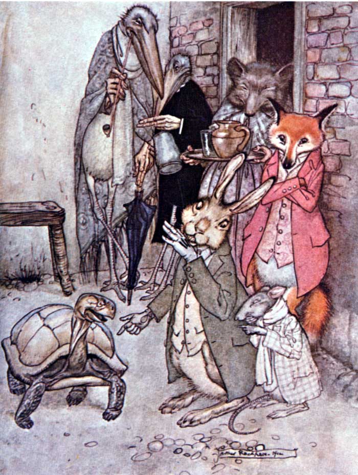 The Hare and the Tortoise — Colour plate: the Hare, in a green coat, laughs at the Tortoise, who stretches up his neck to answer, while two long-billed birds, a grey beast with a tray, the Fox and a mouse watch.