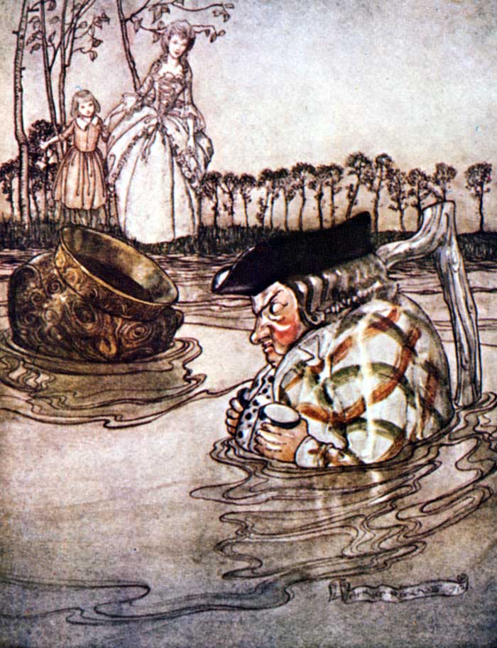 The Two Pots — Colour plate: an ornate brass bowl bobs down the flooded river beside the earthenware pot, drawn as a scowling Toby jug in a tricorn hat, while a lady and a girl watch from the bank.