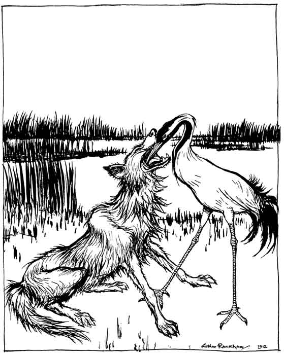 The Wolf and the Crane — By the reeds of a marsh the Crane plunges her long bill deep into the Wolf's open jaws to draw out the bone, as he sits back on his haunches.