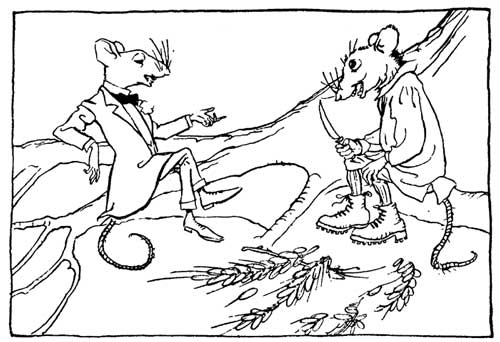 The Town Mouse and the Country Mouse — Pen drawing of the two Mice on a branch among scattered barleycorns: the Town Mouse, in dress suit and bow tie, holds forth while the Country Mouse, in smock and hobnailed boots, nibbles a root.