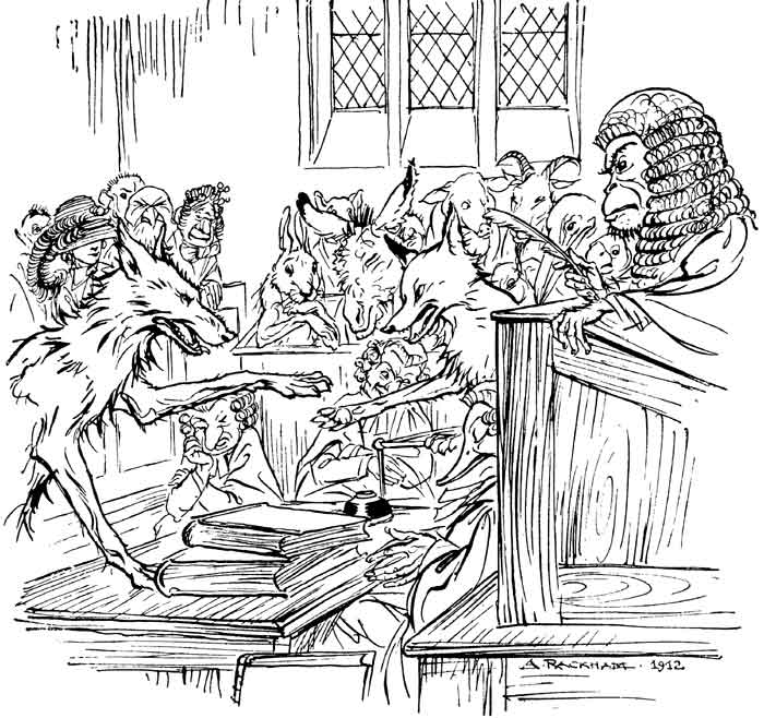 The Wolf, the Fox, and the Ape — A courtroom in pen and ink: the Ape, in a full-bottomed judge's wig, leans over the bench as the Wolf and the Fox accuse each other, watched by a jury of animals and wigged clerks.
