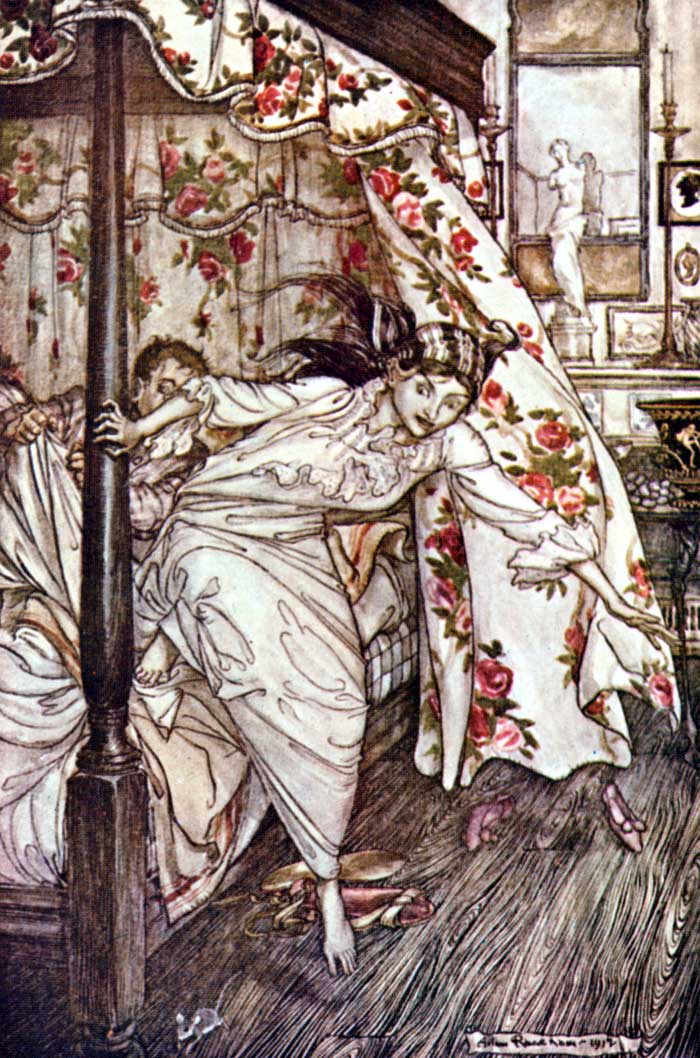 Venus and the Cat — Colour plate of a bedroom with a rose-patterned four-poster: the Cat, now a young wife in a white nightgown, springs from the bed as a mouse runs past, while her husband clutches the bedclothes.