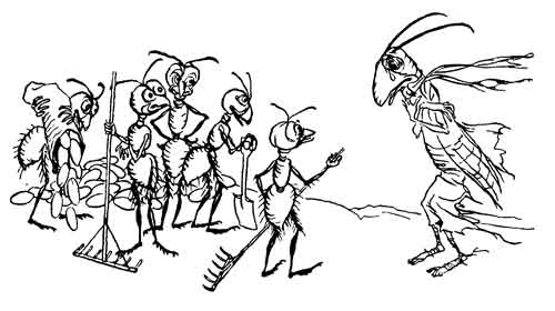 The Grasshopper and the Ants — Pen drawing of the Ants standing upright with rakes and a spade beside their heap of corn, facing the Grasshopper, thin and forlorn in a ragged coat, who has come to beg.