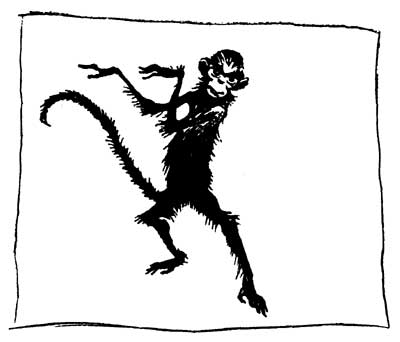 The Monkey and the Camel — Silhouette of the Monkey dancing on his hind legs, arms flung out and his long tail curling behind him.