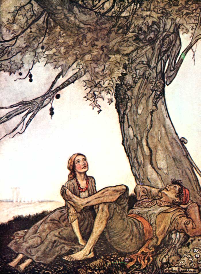 The Travellers and the Plane-Tree — Colour plate: two young Travellers, a barefoot woman and a man, rest in the shade of a great Plane-tree on a hot day, she gazing up into its branches, he lying back.