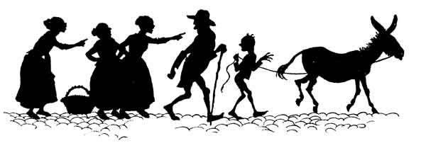 The Miller, His Son, and Their Ass — Silhouette frieze: three girls, one with a basket at her feet, point and laugh at the Miller and his Son as they trudge along the road leading the Ass.