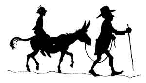 Silhouette of the Son riding the Ass while the Miller walks alongside with his stick, leading it by a rope.