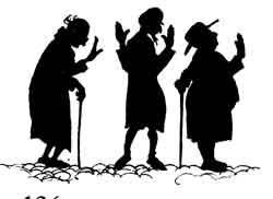 Silhouette of three old men with walking sticks, each raising a hand as they scold — the Miller's old cronies telling him he will spoil his Son.