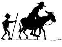 Silhouette of the Miller riding the Ass while his Son trudges along behind on foot, carrying a stick.