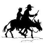 Silhouette of the Miller and his Son both riding the Ass, the boy perched behind his father.