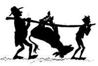 Silhouette of the Miller and his Son carrying the Ass slung upside down from a pole across their shoulders, its legs tied together.