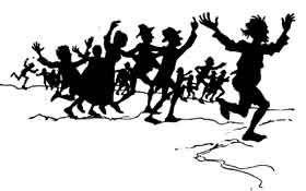 Silhouette of a crowd of townspeople running with their arms thrown up, shouting and laughing, as one figure races ahead of them.