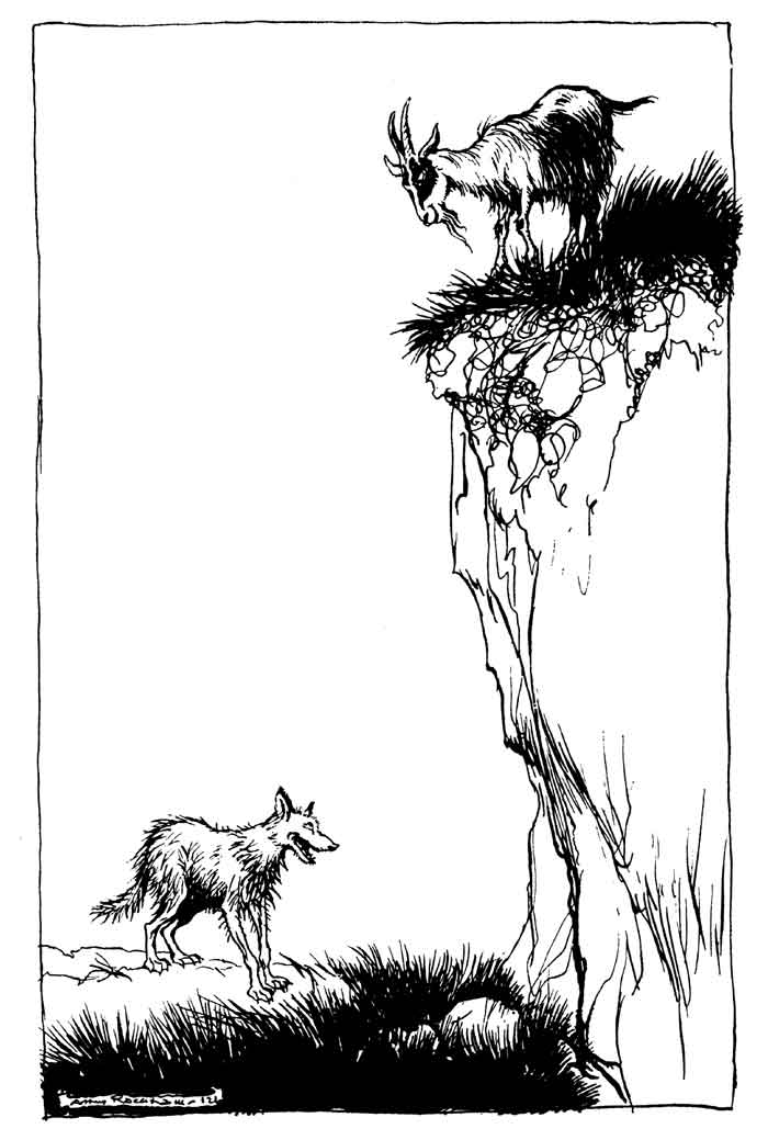 The Wolf and the Goat — Tall pen drawing: the Goat stands on the grassy top of a sheer rock, looking down at the Wolf, who grins up at her from the foot of the cliff.