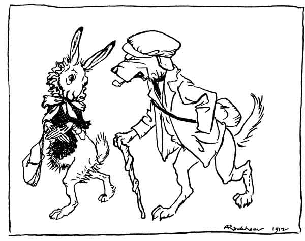 The Kingdom of the Lion — Pen drawing of the Hare, in a frilled bonnet with a basket on her arm, strolling beside a dog in cap and jacket who leans on a walking stick, weak beside strong.