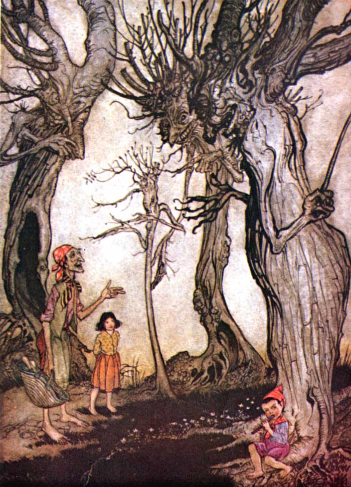 The Trees and the Axe — Colour plate of gnarled old Trees with faces and twiggy hands bending over a slender young sapling, as a gaunt figure with a basket of sticks talks up to them and two children look on.
