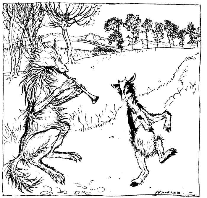 The Kid and the Wolf — Pen drawing of the Wolf standing on his hind legs on an open hillside, playing a pipe, while the Kid dances before him.