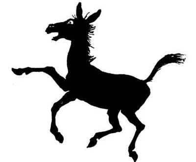 The Mule — Silhouette of the Mule frisking, rearing on his hind legs with one foreleg kicked high, head up and mouth open.