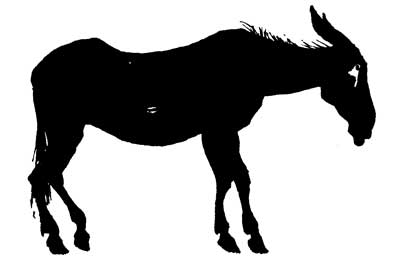Silhouette of a Mule standing quite still, head hung low and ears drooping, tired out.