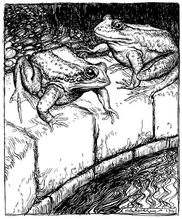 The Frogs and the Well — Pen drawing of the two Frogs sitting on the stone rim of a deep well, one leaning out over the edge above the dark water, the other sitting back behind him.