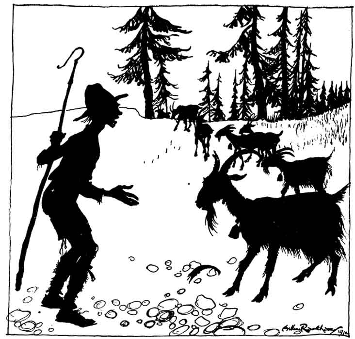 The Goatherd and the Goat — Black silhouette figures on a white hillside: the Goatherd, crook in hand, spreads his palm in dismay before the Goat, whose broken horn lies among the stones, as the rest of the flock climbs away.