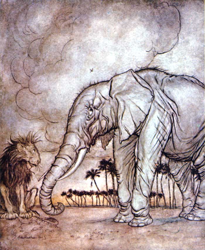 The Lion, Jupiter, and the Elephant — Colour plate of the Lion sitting glumly beside the Elephant, who stands listening with his ears cocked while a tiny gnat hovers overhead, with palm trees on the horizon behind.