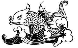 Small pen decoration of a curling, scaly dolphin in the old heraldic style, riding the crest of a stylised wave.